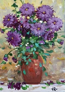 TR Artist Original Tempera Painting Aceo Floral Bouquet Flowers Decor Gift - Picture 1 of 1