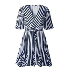 Women's Casual Summer Striped Dress Short Sleeve Wrap V Neck Ruffle Line Belte - Picture 1 of 3