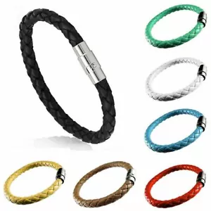 Unisex Mujeres Hombres Cuero Trenzado Acero Cierre Magnético Pulsera Hecha a Mano - Imagen 1 de 19