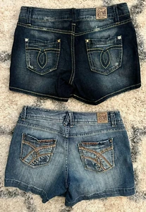 2 Paris Blau Y2K niedrige Leibhöhe BESTICKTE Taschen Denim JEANS SHORTS DAMEN jr 7 SET - Bild 1 von 8