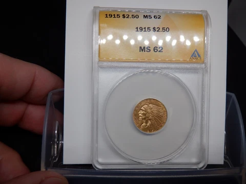 1915 $2.50 Indian Head Gold Quarter Eagle - ANACS Graded MS62 - Fresh & Bright Cover