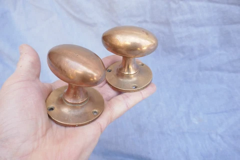 Antique Pair Brass Door Handles Oval/Round backplates Victorian Edwardian 1900s Cover