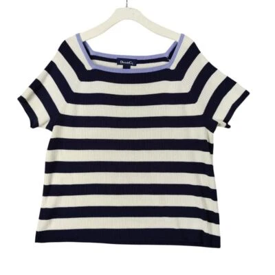 Denim & Co Navy White Striped Ribbed Knit Short Sleeve Sweater Women 2X Nautical - Image 1 of 4