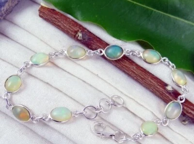Natural Ethiopian Opal Gemstone 925 Sterling Silver Bracelet 7-8", Gift Bracelet - Imagem 1 de 4