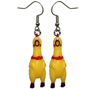 2pc Yellow Squawking Rubber Chicken Earrings, Rooster Novelty Gag Joke Jewelry - Picture 1 of 4