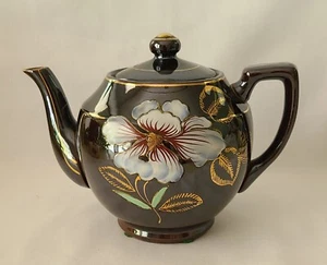 Vintage Trimont Ware Brown Redware Hand Painted Teapot Iris - Picture 1 of 8