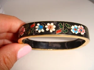 BRAZALETE CLOISONNE RECTANGULAR VINTAGE CON BISAGRAS NEGRO FLORAL ESTATE - Imagen 1 de 16