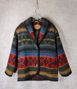 VTG Woolrich Green Nordic Wool Jacket Womens M Multicolor Aztec Shawl Collar - Picture 1 of 17