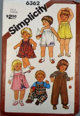 Simplicity Pattern 6362 Toddlers' Overalls, Sundress, Jumper & Bubble Suit sz 2 - Image 1 of 2