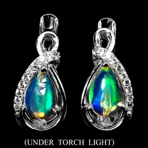 925 Sterling Silver Earrings Pear Fire Opal 8x5mm White Topaz Gemstone Jewelry - Picture 1 of 10