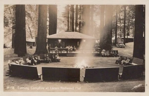 Cartolina RPPC California CA Lanes Redwood piatta sera falò anguilla fiume Sawyer - Foto 1 di 2
