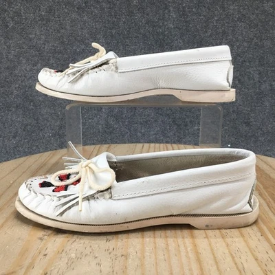 Minnetonka Zapatos Mujer 8 Thunderbird Sin Cordones Flecos Mocasines Cuero Blanco De Colección Foto 1 de 4