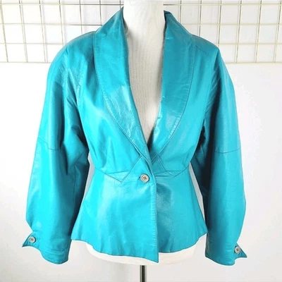 Chaqueta Mujer G-III Mediana Azul Teal Cuero Genuino Años 80 90 De Colección-Leer Foto 1 de 4