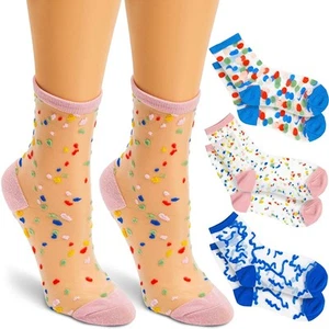 3 Pairs 3 Sheer Confetti Print Patterns Transparent Ankle Socks for Womens 12.3" - Picture 1 of 6