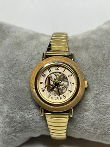Ladies LA Express Gold Tone Wood Bezel Skeleton Dial Quartz Watch New Battery - Picture 1 of 17