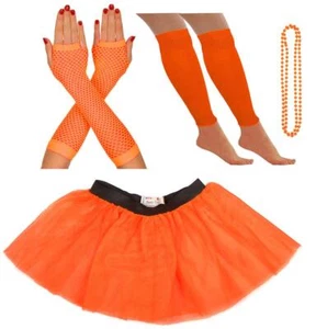 ORANGE NEON COSTUME PIECES TUTU LEG WARMERS GLOVES BEADS 80s FANCY DRESS PARTY - Picture 1 of 10