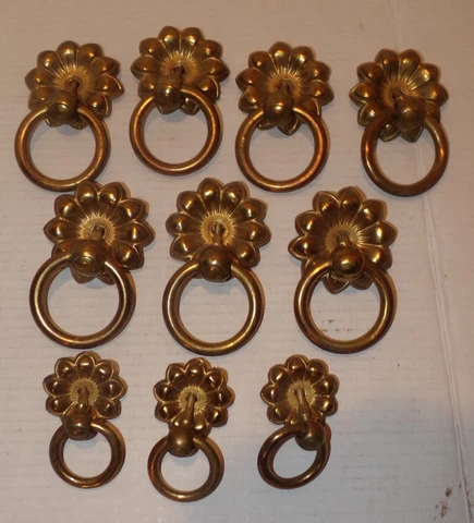 Vintage Antique Drop Ring Flower Drawer Pulls 2" & 3" Back Plate Brass/Bronze Cover