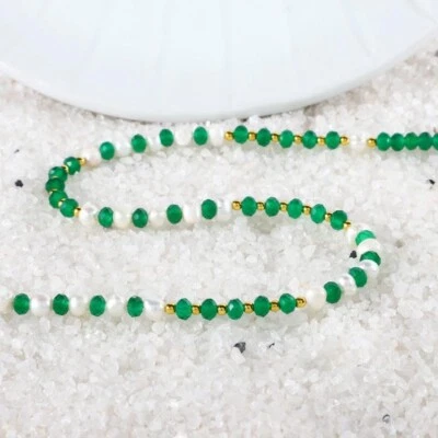 Collar de cuentas de piedras preciosas redondas facetadas múltiples diseño 2 perlas y ónix verde 18" Foto 1 de 4