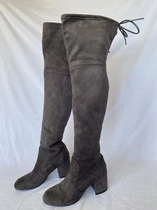 Ladies Stuart Weitzman Tieland Over the Knee Boot Size 8.5 Gray Suede Heel Shoes - Picture 1 of 18