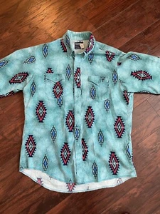 Vintage Wrangler Aztec Pearl Snap Up Short Sleeve X Long Tail Cowboy Cut Size 17 - Picture 1 of 6