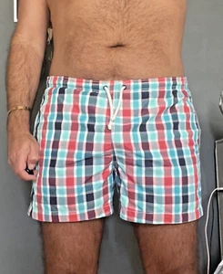 H&M Size M Blue Red & White Plaid 4" Inseam Lined Drawstring Swim Trunks Shorts - Picture 1 of 17