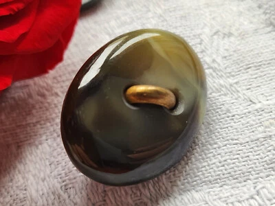 Gros bouton ancien vintage vert marbré ovale pied métal 2 sur 2,7 cm ref 3323 - Photo 1/4