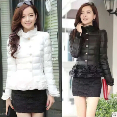 Women Quilted Jacket Cotton Padded Ruffle Coat Button Short Warm Outerwear - Image 1 of 4