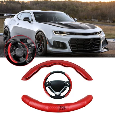 For Chevy Camaro ZL1 15" Car Steering Wheel Cover Protector Non-Slip Carbon+Red - Image 1 of 4