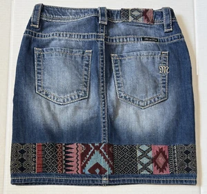 MISS ME - Women's High Rise Hippie Aztec Boho Embroidered Denim Skirt - Size 26 - Picture 1 of 6