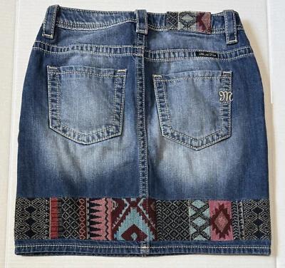 MISS ME - Falda vaquera bordada boho azteca hippie tiro alto para mujer - Talla 26 Foto 1 de 4