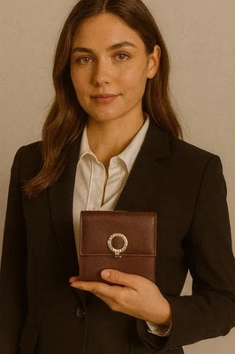 BVLGARI Италии кожаный бумажник w/круг логотип застежка кредитных карт, монета мешок, счета - Изображение 1 из 4