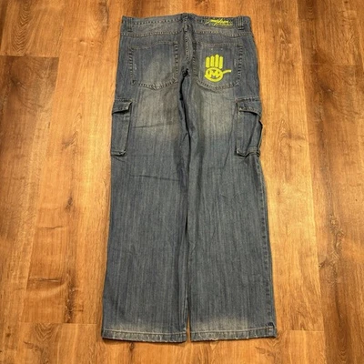 Pantalones cargo holgados de mezclilla azul vintage Miskeen Jeans bordados para hombre 38x33 Y2K Foto 1 de 4