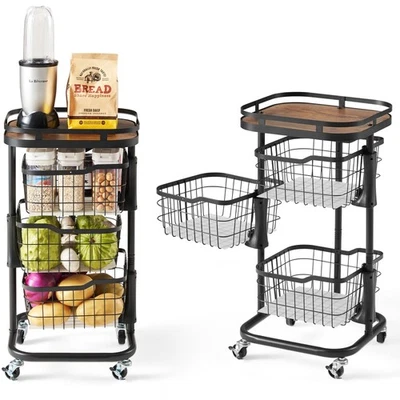 Carro de almacenamiento de frutas y verduras de cocina de 3 niveles con cesta giratoria de una pieza, P... Foto 1 de 4
