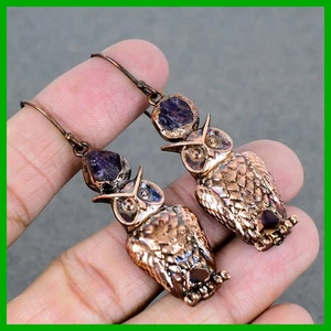 Copper Natural African Amethyst Rough Drop Electroformed And Owl Hook Earrings - Picture 1 of 6