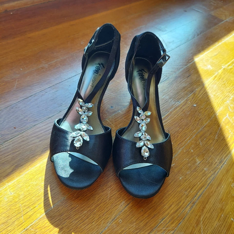 Fioni Night Short Black Open Heel With Rhinestone Detail Size 6 1/2 Prom - Image 1 of 4