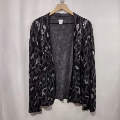 Chico's Jacquard блестки кардиган женщин XL черный серый богемное ретро 90-х Y2K повседневный - Изображение 1 из 4