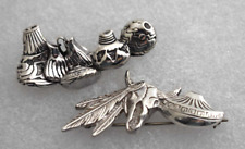 Sterling Silver Designer Signed STC Pottery Vases Brooch Set Pin Skull Feathers