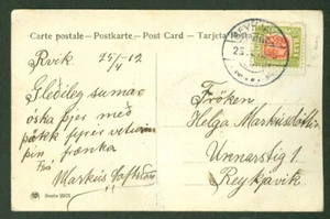 Postal ICELAND 1912 con 1e + 1er par atado Reykjavik uso local, escena de boda rev - Imagen 1 de 2