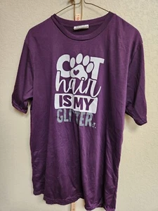 Womens T Shirt Top Size L Large Tee Cat Lady Purple Cat Hair Is Glitter - Picture 1 of 2