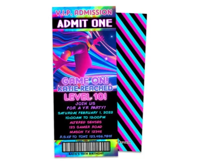 Girls VR Ticket Birthday Invitations Personalized  3x7"  Video Game W/Envelopes - Image 1 of 2