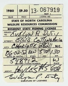 Vintage 1980 Charlotte North Carolina Fishing License #R223 - Picture 1 of 2