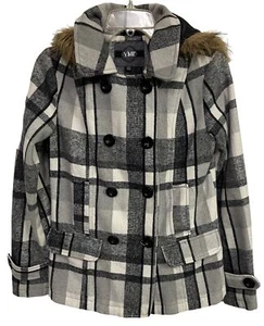 YMI Coat Womens Gray Black Plaid Lined Wool Blend Winter Jacket Size 8 CH Hood - Picture 1 of 4