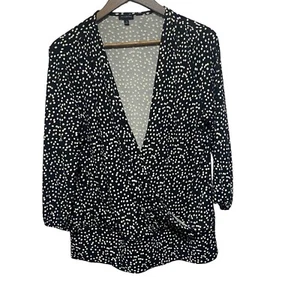 Talbots Blouse Womens L Black Polka Dot Long Balloon Sleeve Deep V Neck Wrap - Picture 1 of 8