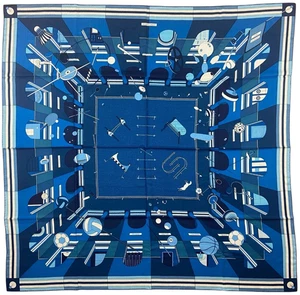 Hermes NWT Chic, Le Sport! Bleu Vif/ Ciel/ Marine 140 Silk/ Cashmere Shawl Scarf - Picture 1 of 6