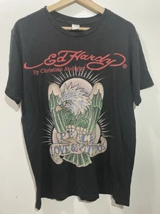 Ed Hardy Christian Audigier Rhinestone Y2K Black Eagle T-Shirt Peace Love Tattoo - Picture 1 of 7