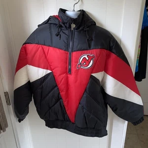 Vintage EUC NJ  Devils NHL Embroidered Pro Player Puffer Hooded Jacket Sz Gd/L - Picture 1 of 11