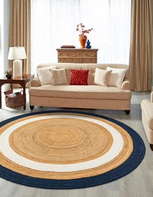 Round Braided Jute Area Rug 6ft Natural Navy & White Boho Farmhouse Style Carpet - Image 1 of 4