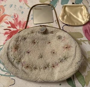 Vintage Walborg White Floral Beaded Hand Bag Rosette w/ Mirror + Change France - Picture 1 of 24