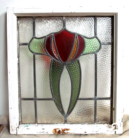 vintage stained glass window 23" x 21" lead glazing Originally transom window Cover