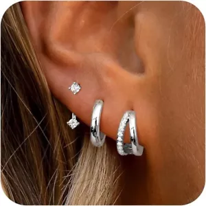 3Pcs Silver Stud Hoop Earrings Set Hypoallergenic Cartilage Earring Stacks Women - Picture 1 of 5